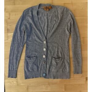 Tory Burch Sweater V Neck Gray Wool Cardigan Logo Buttons M *missing Button*